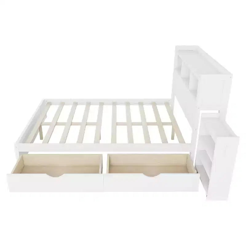 Cama de plataforma de madera moderna con cajones de almacenamiento y cabecero LED, natural/blanco, individual/matrimonial, 1 persona