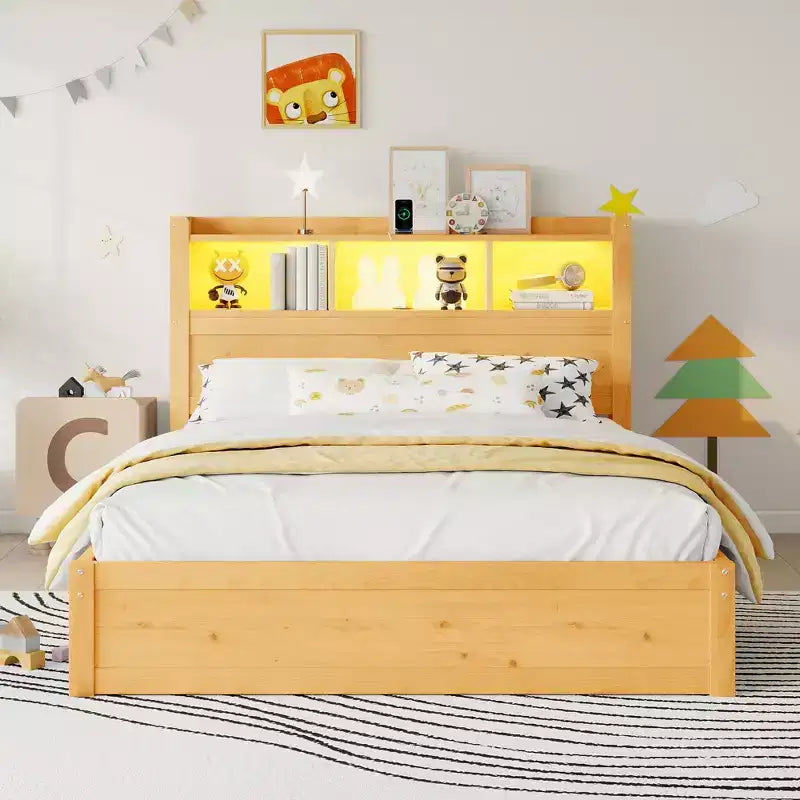 Cama de plataforma de madera moderna con cajones de almacenamiento y cabecero LED, natural/blanco, individual/matrimonial, 1 persona
