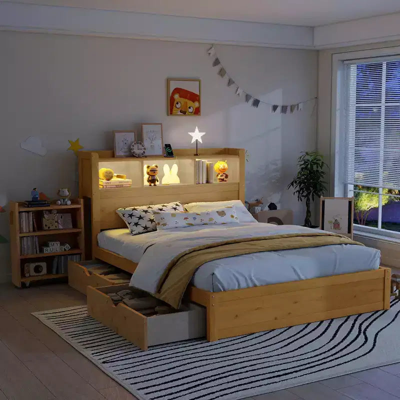 Cama de plataforma de madera moderna con cajones de almacenamiento y cabecero LED, natural/blanco, individual/matrimonial, 1 persona