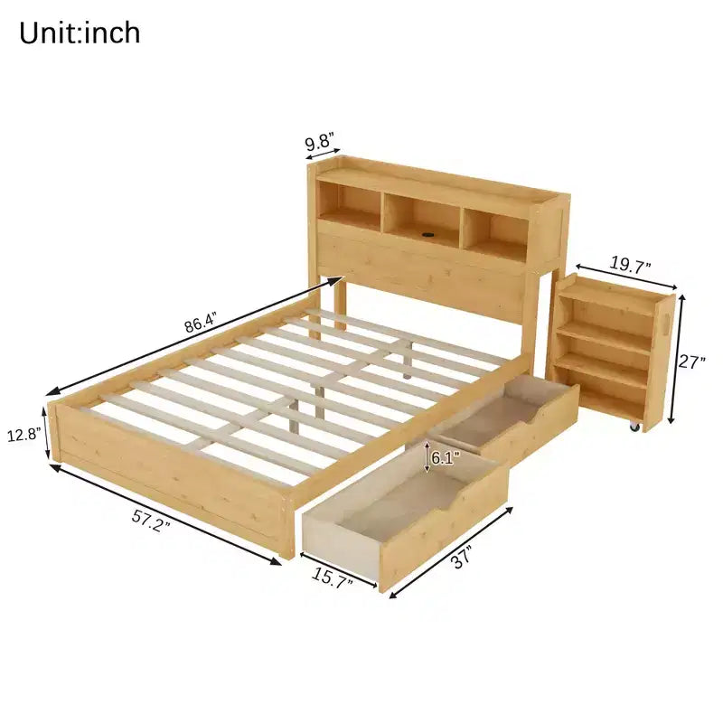 Cama de plataforma de madera moderna con cajones de almacenamiento y cabecero LED, natural/blanco, individual/matrimonial, 1 persona