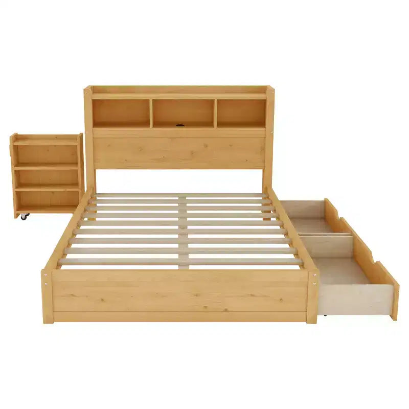 Cama de plataforma de madera moderna con cajones de almacenamiento y cabecero LED, natural/blanco, individual/matrimonial, 1 persona