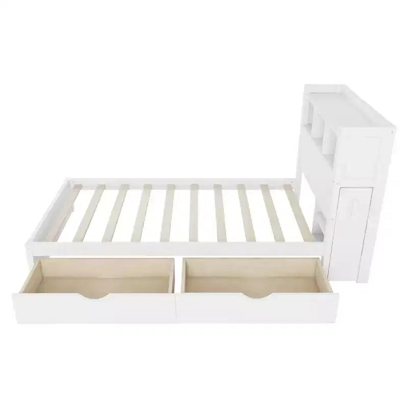 Cama de plataforma de madera moderna con cajones de almacenamiento y cabecero LED, natural/blanco, individual/matrimonial, 1 persona