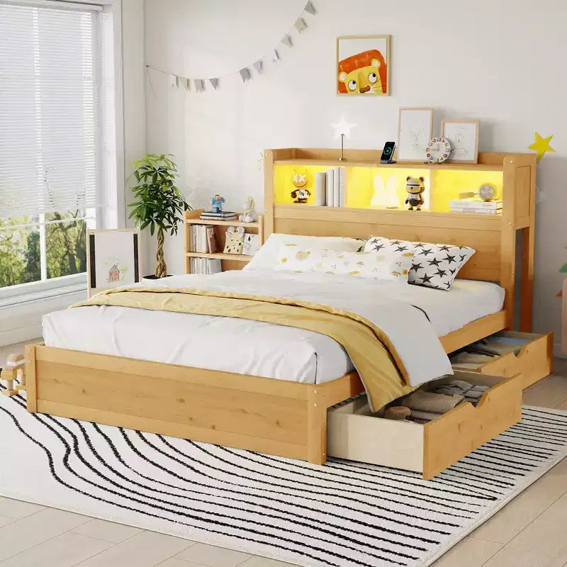 GDFStudio Craigie Modern Wood Bed with Drawers and Storage Headboard