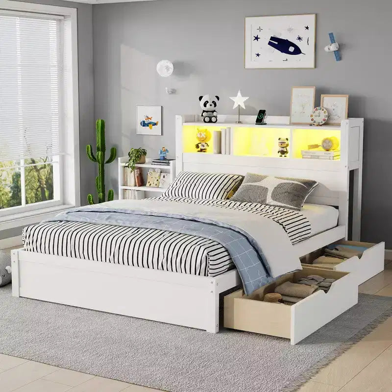 Cama de plataforma de madera moderna con cajones de almacenamiento y cabecero LED, natural/blanco, individual/matrimonial, 1 persona