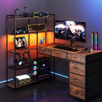 Escritorio en L con 6 cajones y luces RGB, reversible, 1 persona — Negro / Marrón / Blanco