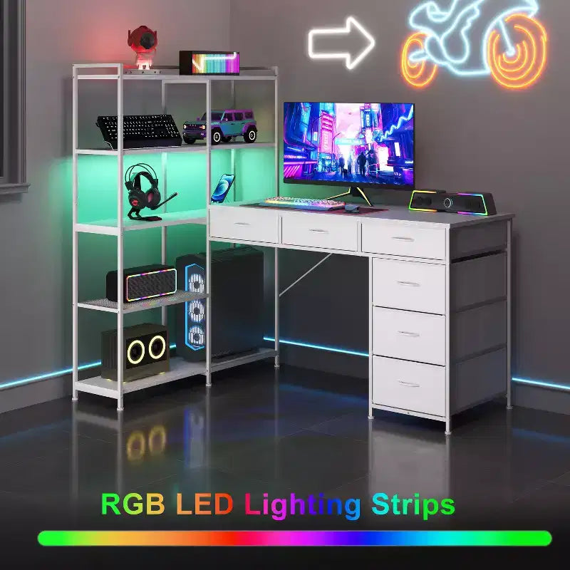 Escritorio en L con 6 cajones y luces RGB, reversible, 1 persona — Negro / Marrón / Blanco
