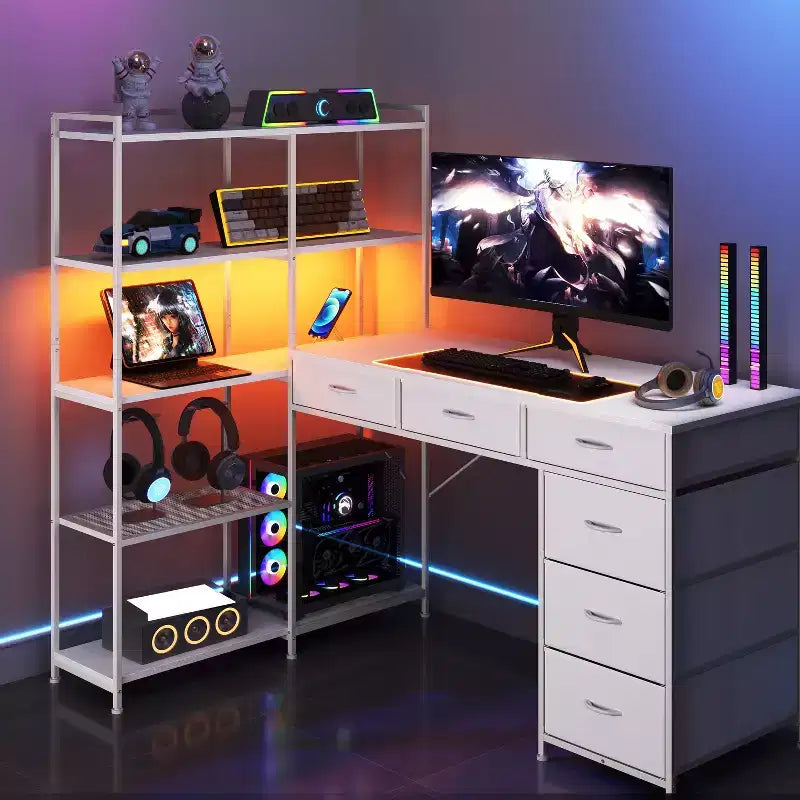 Escritorio en L con 6 cajones y luces RGB, reversible, 1 persona — Negro / Marrón / Blanco