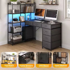 Escritorio en L con 6 cajones y luces RGB, reversible, 1 persona — Negro / Marrón / Blanco