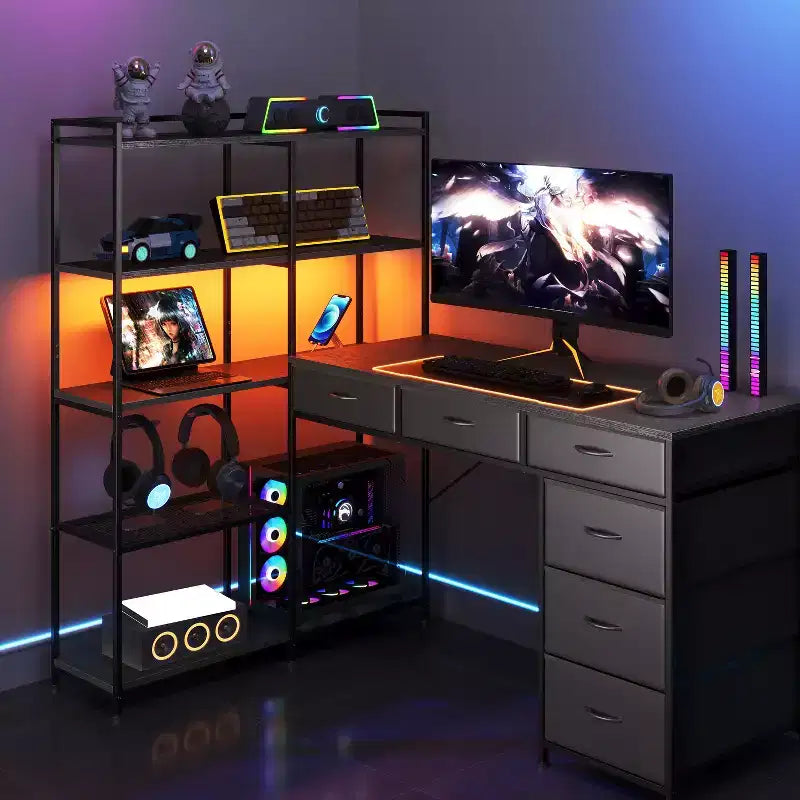 Escritorio en L con 6 cajones y luces RGB, reversible, 1 persona — Negro / Marrón / Blanco