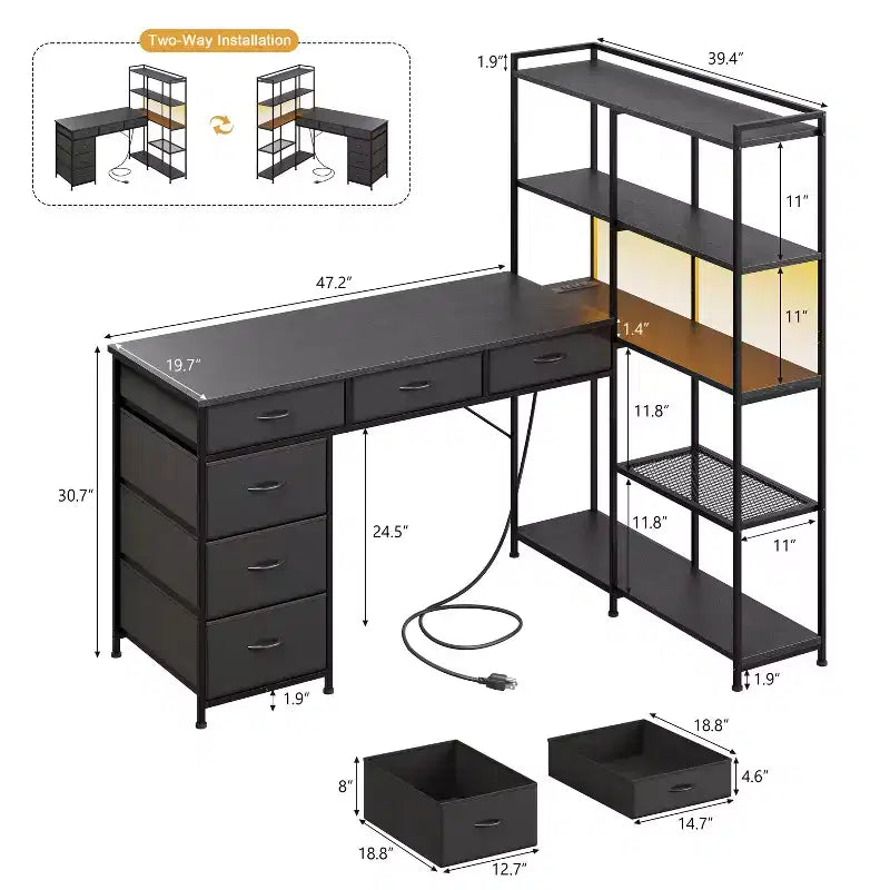 Escritorio en L con 6 cajones y luces RGB, reversible, 1 persona — Negro / Marrón / Blanco