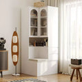 Hitow White Corner Cabinet with Seating  Multi-Functional Corner Bookcase with Reeded Glass Doors for Living Room & Entryway