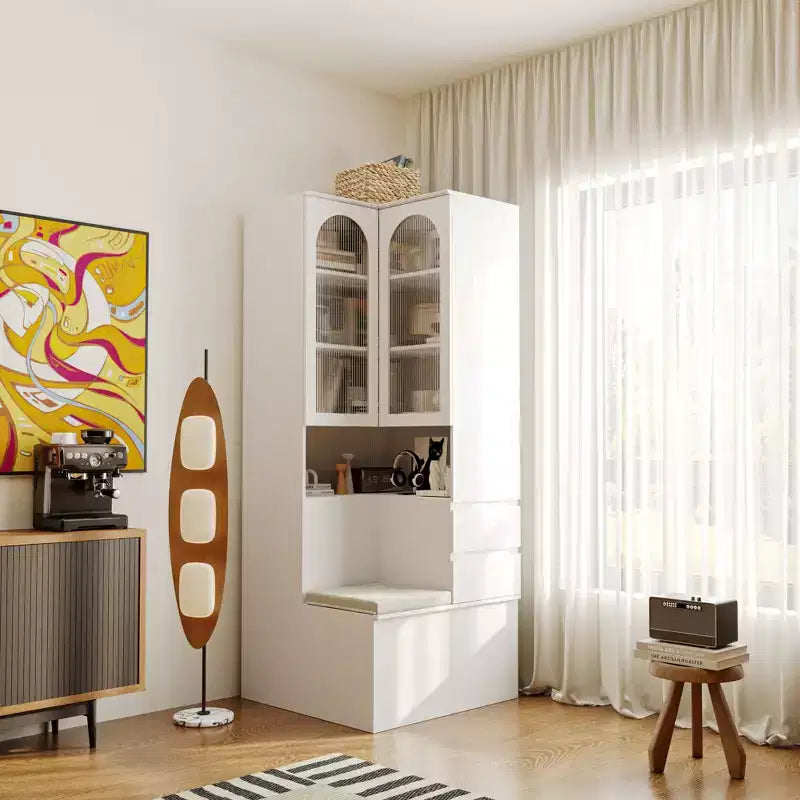 Mueble Esquinero Blanco con Puertas de Vidrio Estriado, 2 Cajones y Banco con Tapa Abatible – 1 Persona