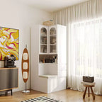 Mueble Esquinero Blanco con Puertas de Vidrio Estriado, 2 Cajones y Banco con Tapa Abatible – 1 Persona