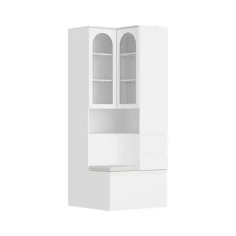 Mueble Esquinero Blanco con Puertas de Vidrio Estriado, 2 Cajones y Banco con Tapa Abatible – 1 Persona