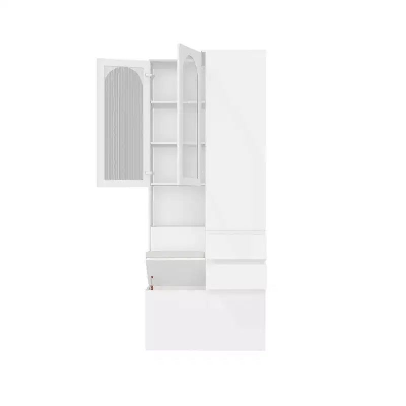 Mueble Esquinero Blanco con Puertas de Vidrio Estriado, 2 Cajones y Banco con Tapa Abatible – 1 Persona