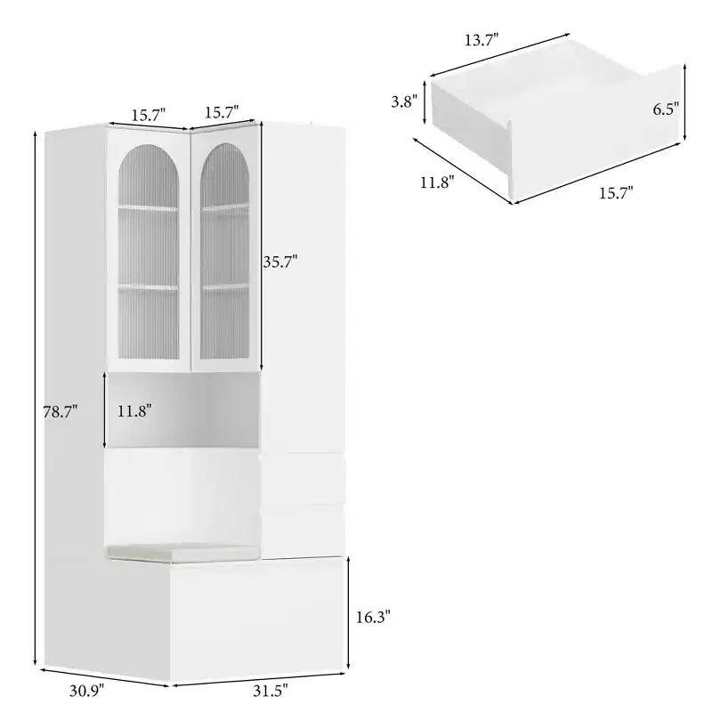 Mueble Esquinero Blanco con Puertas de Vidrio Estriado, 2 Cajones y Banco con Tapa Abatible – 1 Persona