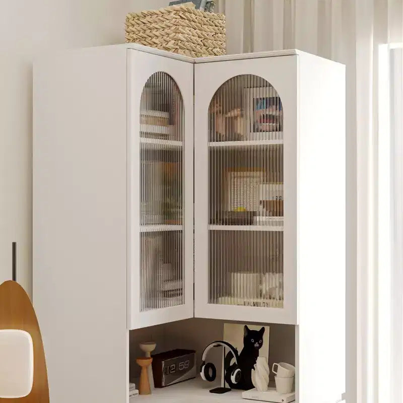 Mueble Esquinero Blanco con Puertas de Vidrio Estriado, 2 Cajones y Banco con Tapa Abatible – 1 Persona