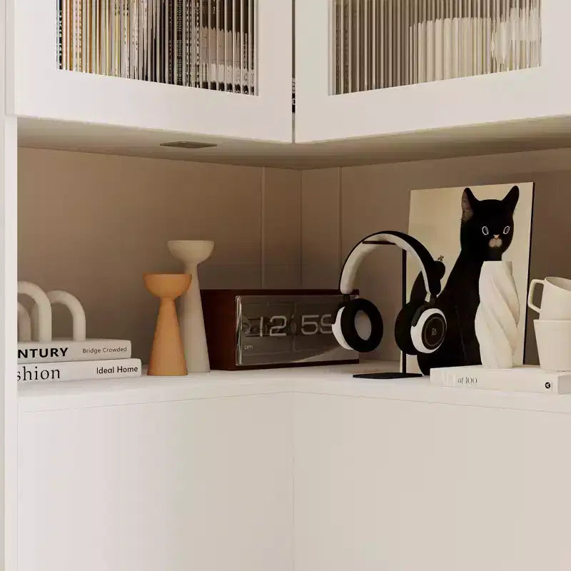 Mueble Esquinero Blanco con Puertas de Vidrio Estriado, 2 Cajones y Banco con Tapa Abatible – 1 Persona