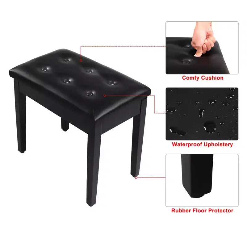 Banquetta de piano de un solo asiento, tapizada en blanco/negro, con almacenamiento