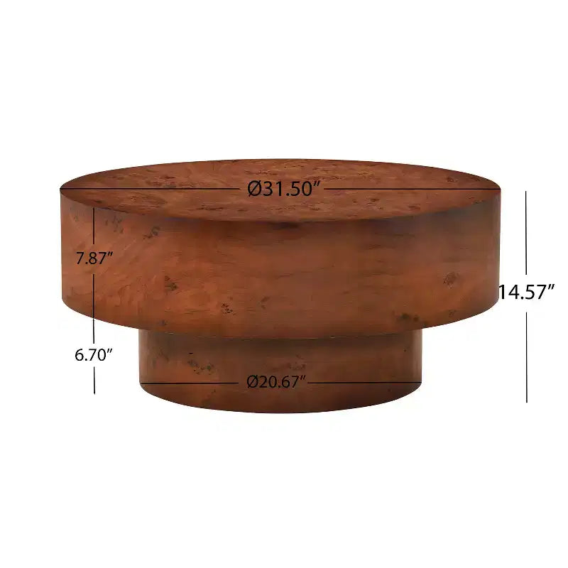 Mesa de centro redonda moderna con tablero grueso de madera natural/nogal