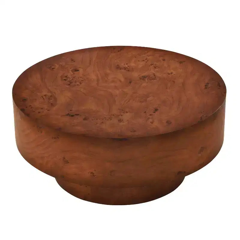 Mesa de centro redonda moderna con tablero grueso de madera natural/nogal