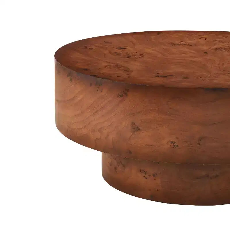 Mesa de centro redonda moderna con tablero grueso de madera natural/nogal