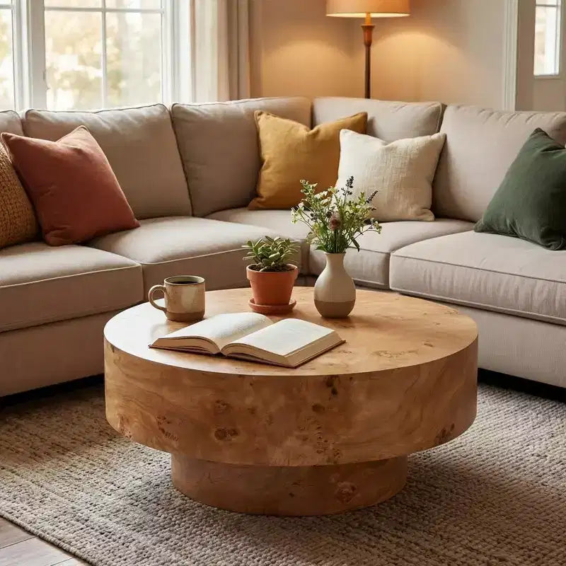 Mesa de centro redonda moderna con tablero grueso de madera natural/nogal