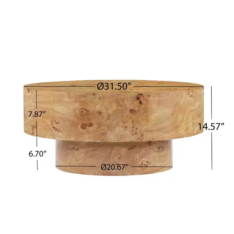 Mesa de centro redonda moderna con tablero grueso de madera natural/nogal