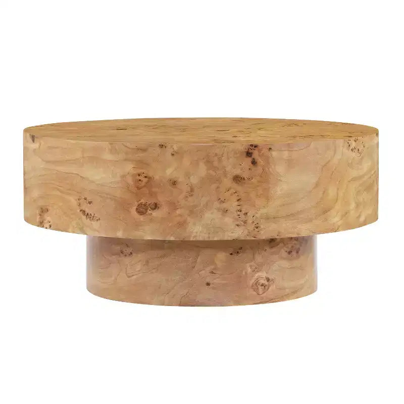 Mesa de centro redonda moderna con tablero grueso de madera natural/nogal