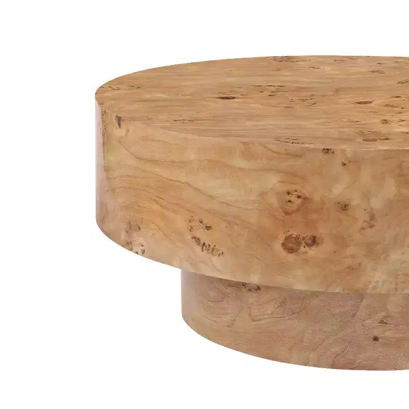 Mesa de centro redonda moderna con tablero grueso de madera natural/nogal