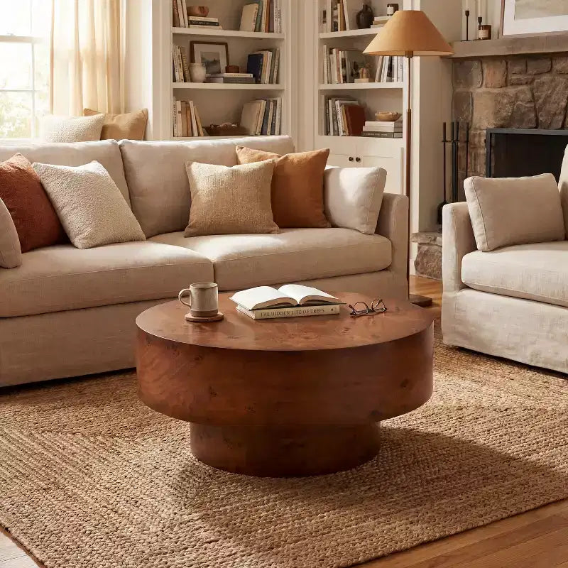 Mesa de centro redonda moderna con tablero grueso de madera natural/nogal