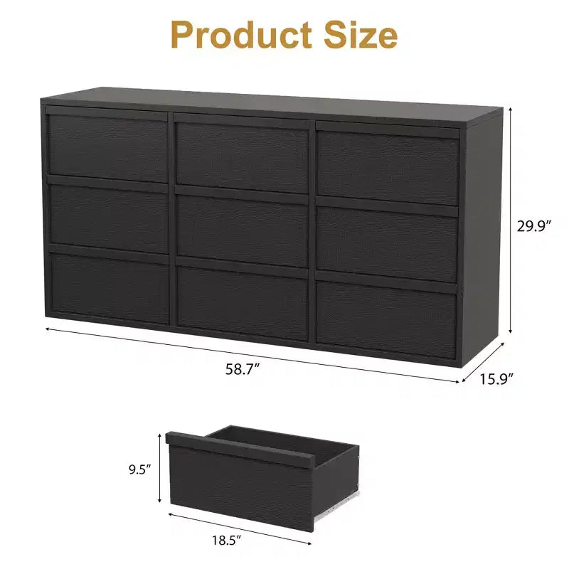Cómoda de 9 cajones - Negro / Natural / Nogal / Blanco, Apta para 1-2 usuarios