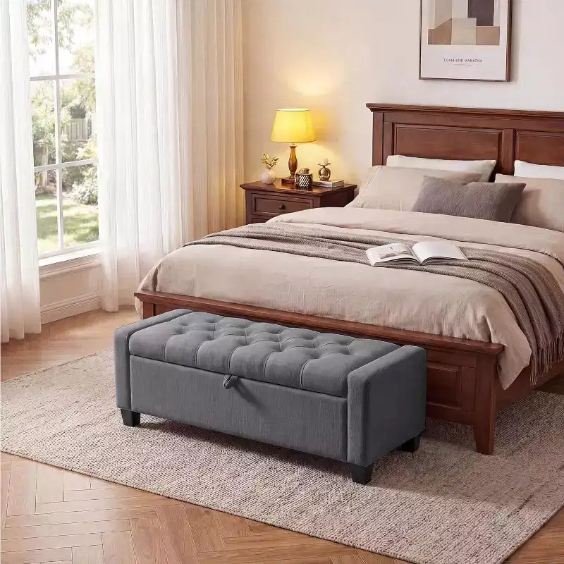 Banco otomano de almacenamiento tapizado en beige/gris, para 2 personas, con bisagra de cierre lento