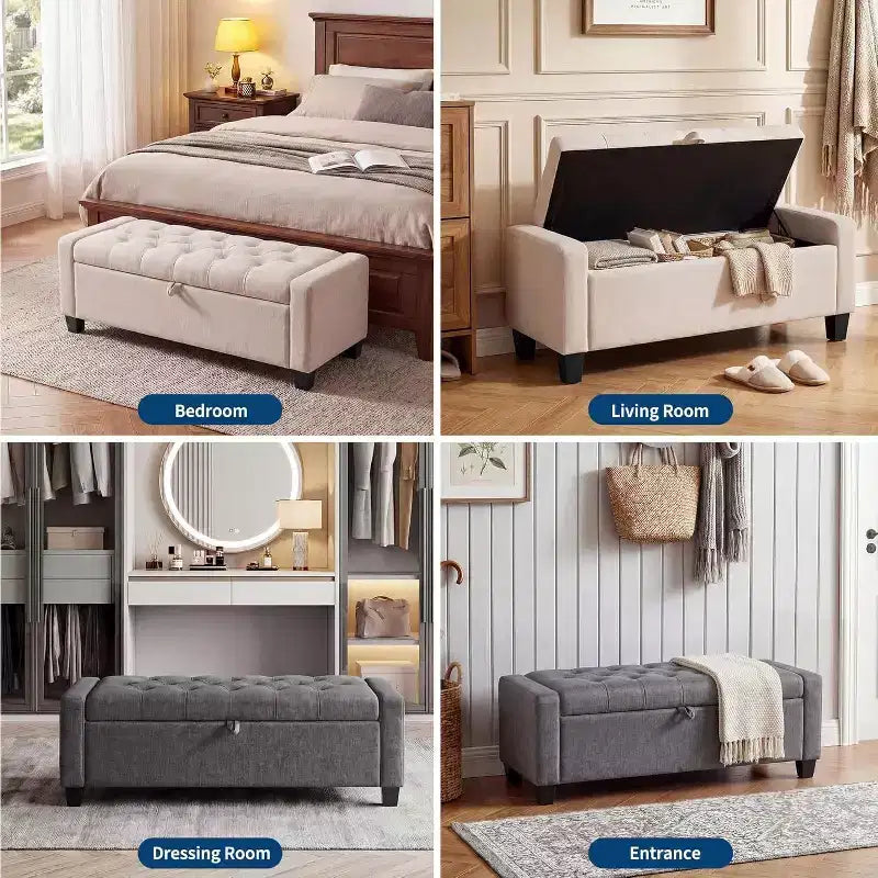 Banco otomano de almacenamiento tapizado en beige/gris, para 2 personas, con bisagra de cierre lento