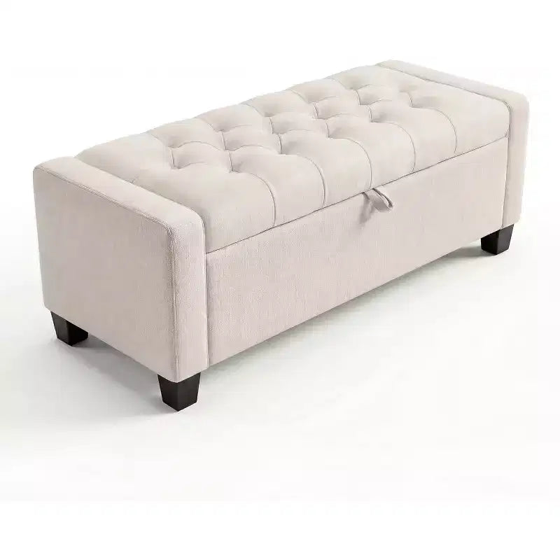 Banco otomano de almacenamiento tapizado en beige/gris, para 2 personas, con bisagra de cierre lento