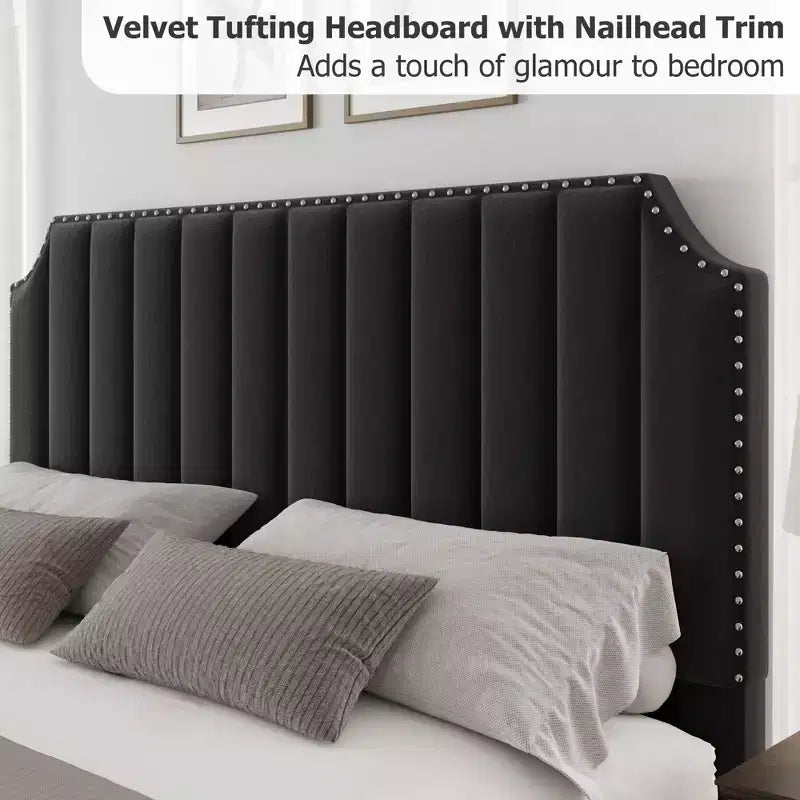 Base de cama tipo plataforma Queen tapizada en franela negra/gris claro con cabecero y piecero – Para 2 personas