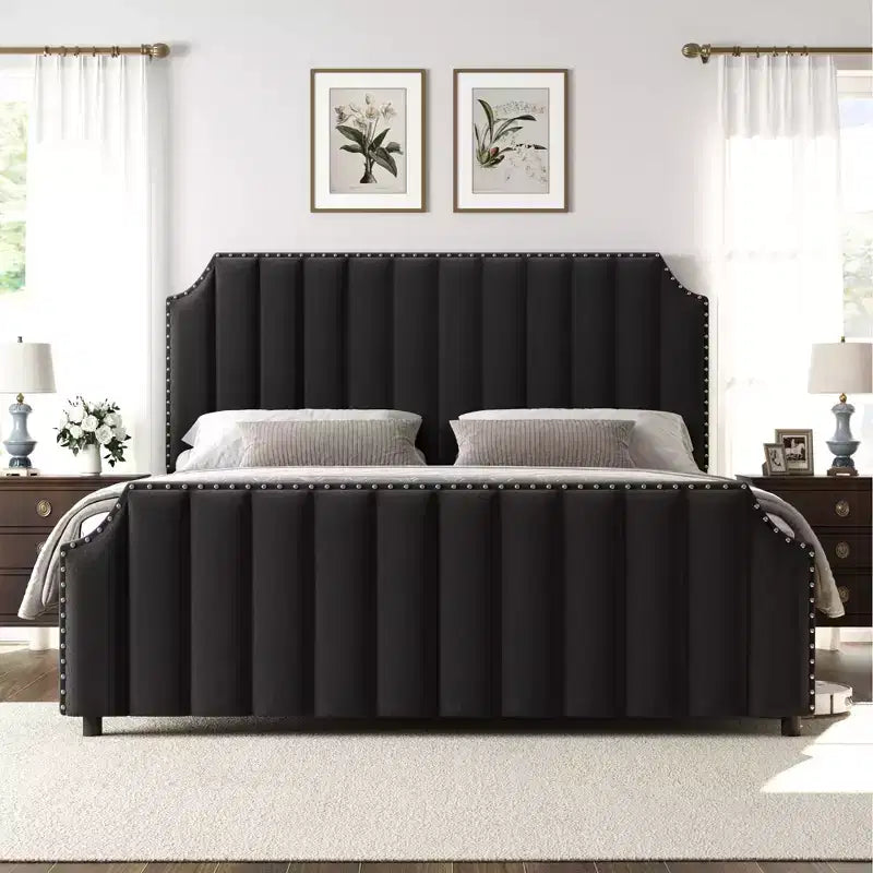 Base de cama tipo plataforma Queen tapizada en franela negra/gris claro con cabecero y piecero – Para 2 personas