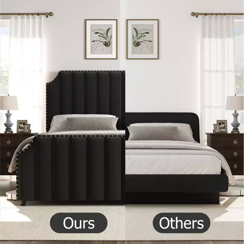 Base de cama tipo plataforma Queen tapizada en franela negra/gris claro con cabecero y piecero – Para 2 personas