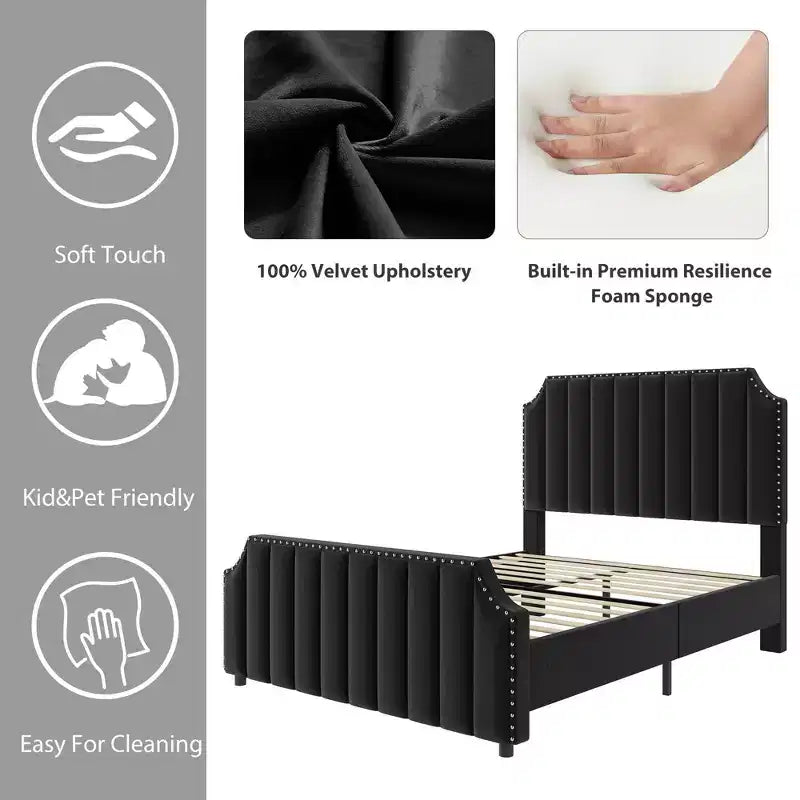 Base de cama tipo plataforma Queen tapizada en franela negra/gris claro con cabecero y piecero – Para 2 personas