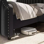 Base de cama tipo plataforma Queen tapizada en franela negra/gris claro con cabecero y piecero – Para 2 personas