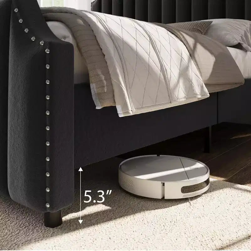 Base de cama tipo plataforma Queen tapizada en franela negra/gris claro con cabecero y piecero – Para 2 personas