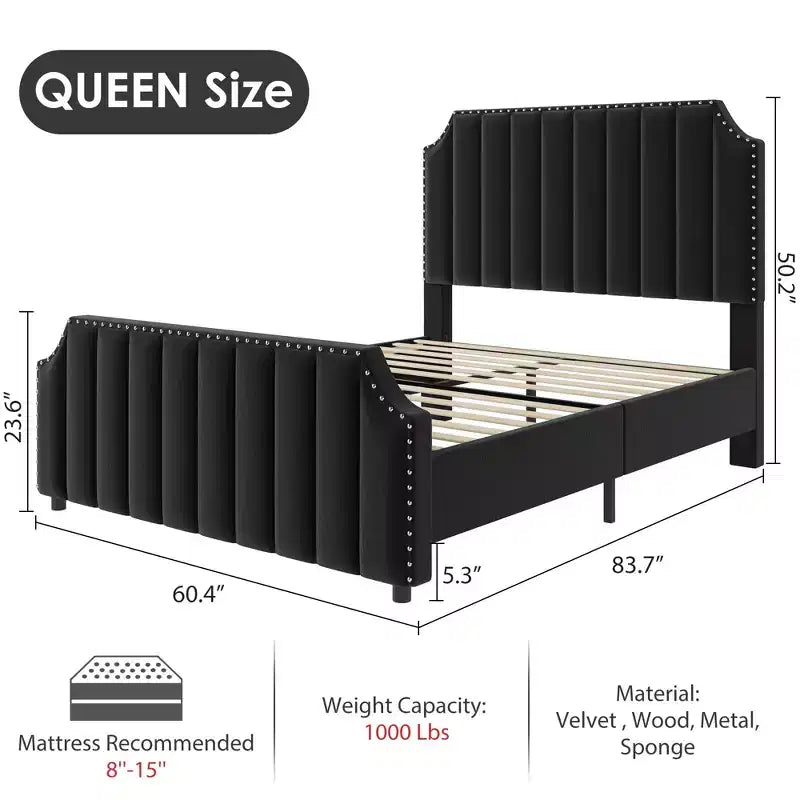 Base de cama tipo plataforma Queen tapizada en franela negra/gris claro con cabecero y piecero – Para 2 personas