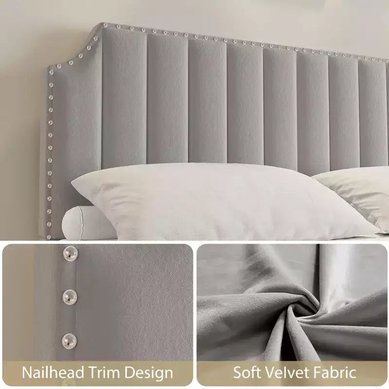 Base de cama tipo plataforma Queen tapizada en franela negra/gris claro con cabecero y piecero – Para 2 personas