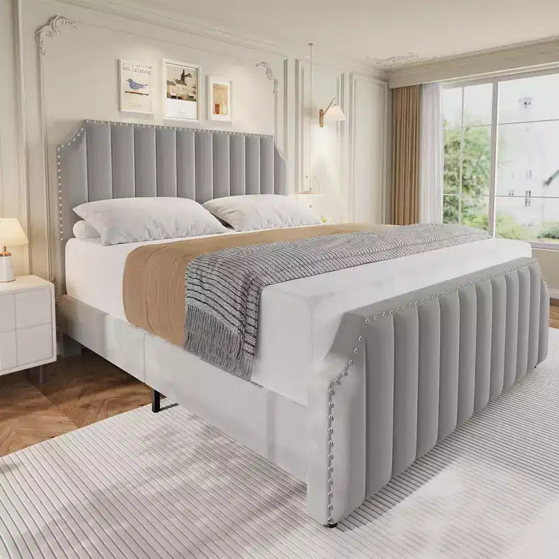 Base de cama tipo plataforma Queen tapizada en franela negra/gris claro con cabecero y piecero – Para 2 personas