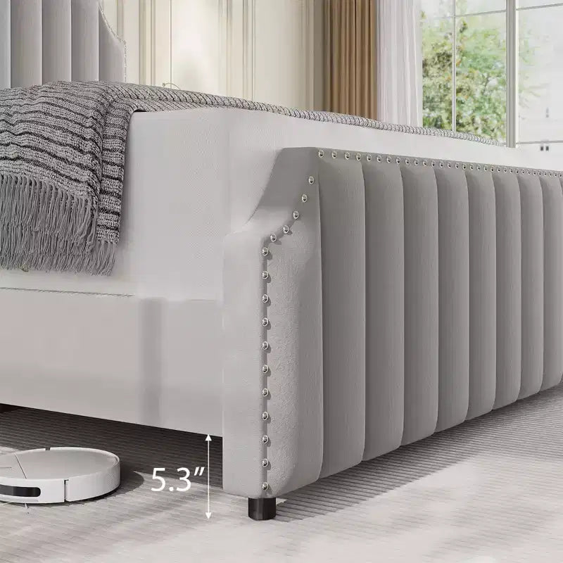Base de cama tipo plataforma Queen tapizada en franela negra/gris claro con cabecero y piecero – Para 2 personas