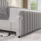 Base de cama tipo plataforma Queen tapizada en franela negra/gris claro con cabecero y piecero – Para 2 personas
