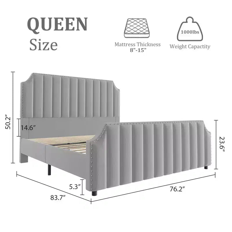 Base de cama tipo plataforma Queen tapizada en franela negra/gris claro con cabecero y piecero – Para 2 personas
