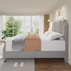 Base de cama tipo plataforma Queen tapizada en franela negra/gris claro con cabecero y piecero – Para 2 personas