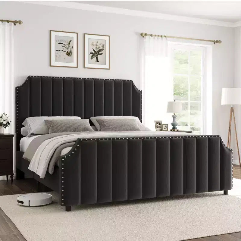 Base de cama tipo plataforma Queen tapizada en franela negra/gris claro con cabecero y piecero – Para 2 personas