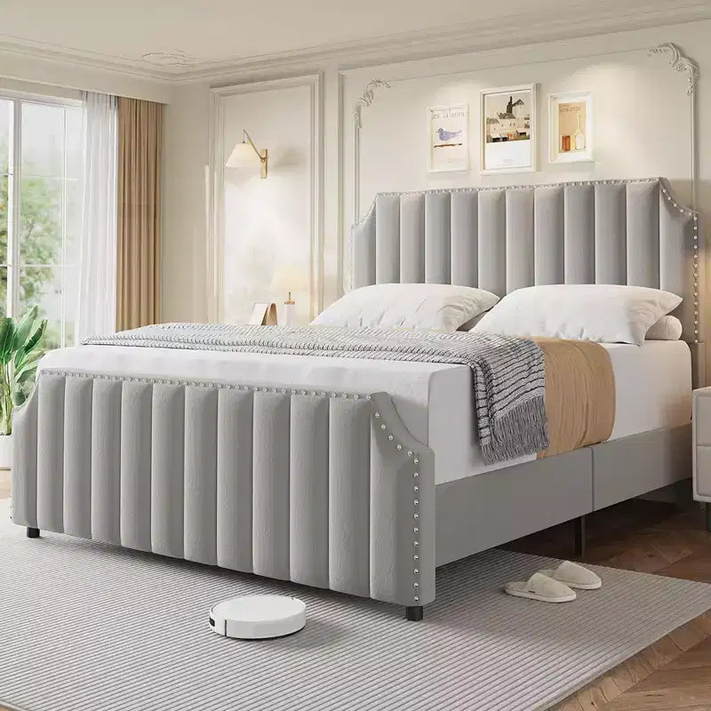 Queen Upholstered Platform Bed Frame with Headboard & Footboard, Wood Slats, No Box Spring Needed, Black Flannel/Light Gray